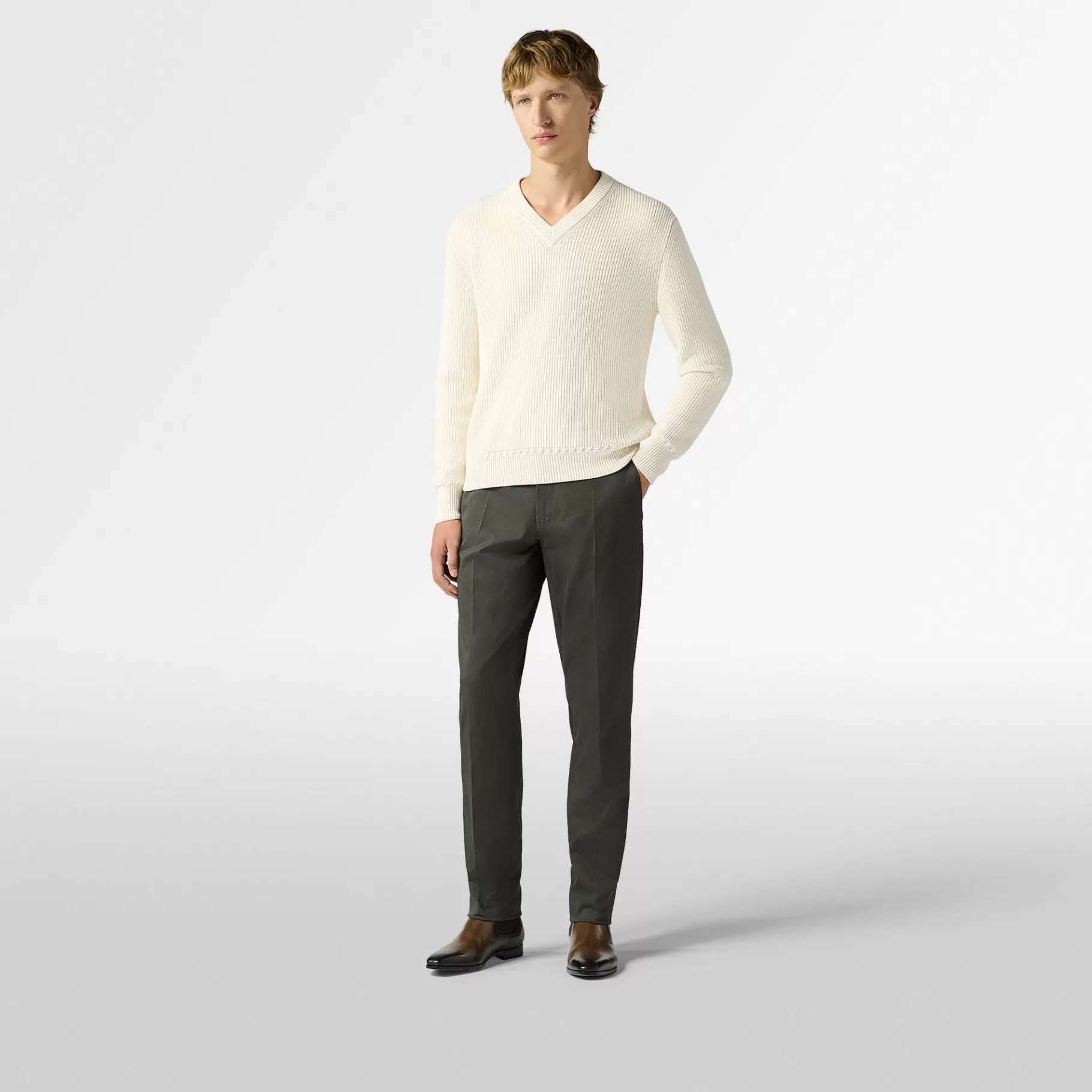 Pull Col V En Côtes Anglaises En Coton Et Soie | Berluti Clearance